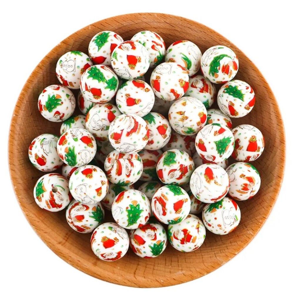 15mm Round Printed Silicone Beads - Pack of 5 - SB056 Christmas